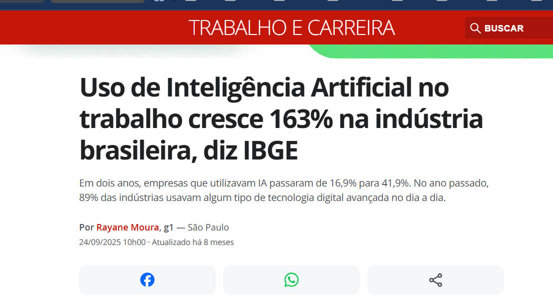 Uso de IA no trabalho cresce 163% na indústria brasileira